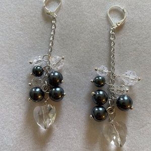 HAND CRAFTED Earrings Hearts Crystals Pearls Long Dangling